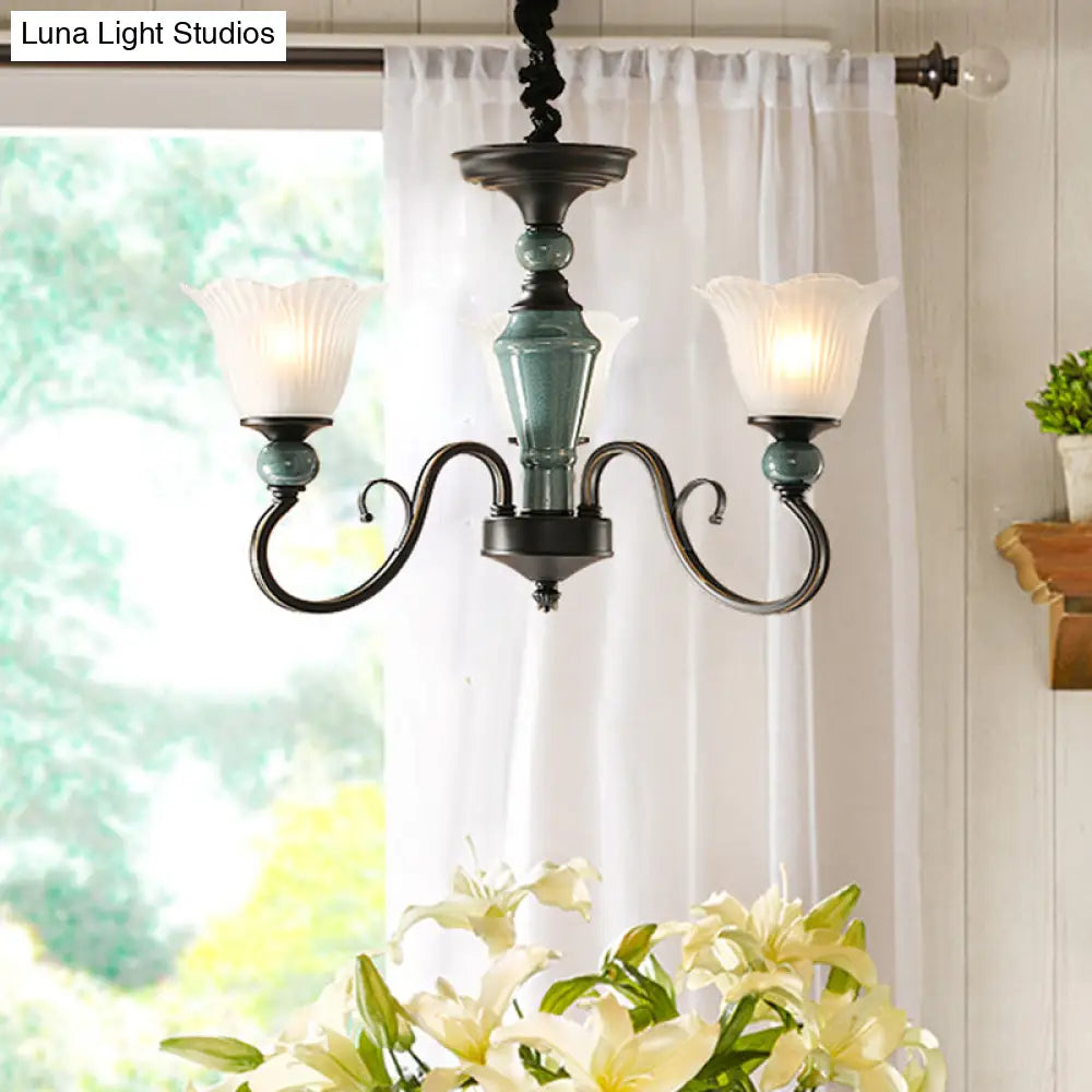 Farmhouse Blossom Up Chandelier - 3/8/12 Frosted Ribbed Glass Ceiling Hang Lights In Blackish Green