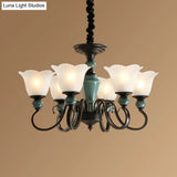 Farmhouse Blossom Up Chandelier - 3/8/12 Frosted Ribbed Glass Ceiling Hang Lights In Blackish Green