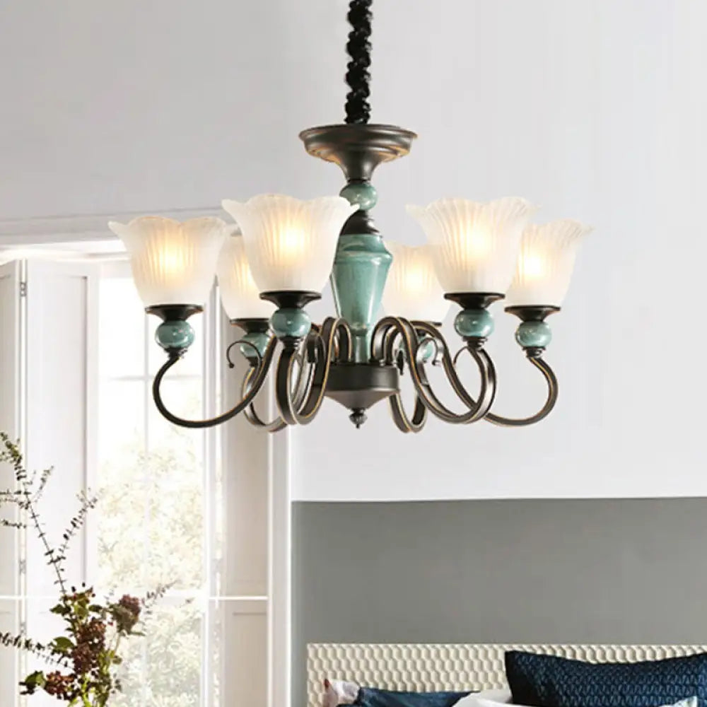 Farmhouse Blossom Up Chandelier - 3/8/12 Frosted Ribbed Glass Ceiling Hang Lights In Blackish Green