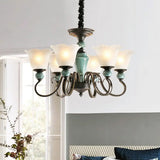 Farmhouse Blossom Up Chandelier - 3/8/12 Frosted Ribbed Glass Ceiling Hang Lights In Blackish Green