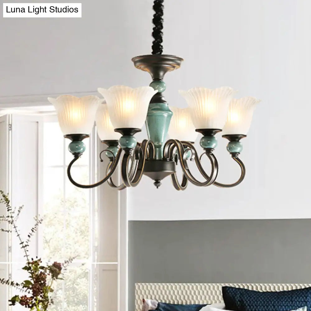 Farmhouse Blossom Up Chandelier - 3/8/12 Frosted Ribbed Glass Ceiling Hang Lights In Blackish Green