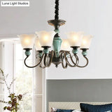 Farmhouse Blossom Up Chandelier - 3/8/12 Frosted Ribbed Glass Ceiling Hang Lights In Blackish Green