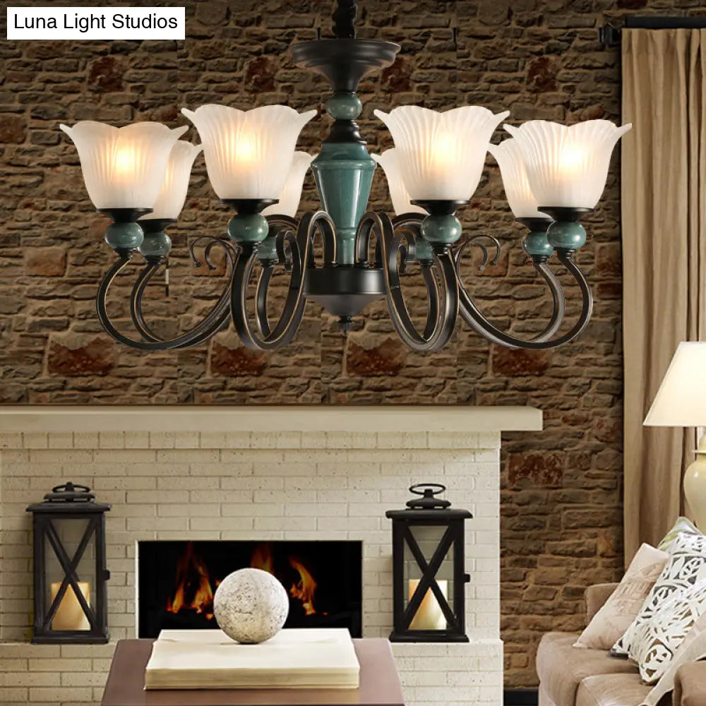 Farmhouse Blossom Up Chandelier - 3/8/12 Frosted Ribbed Glass Ceiling Hang Lights In Blackish Green