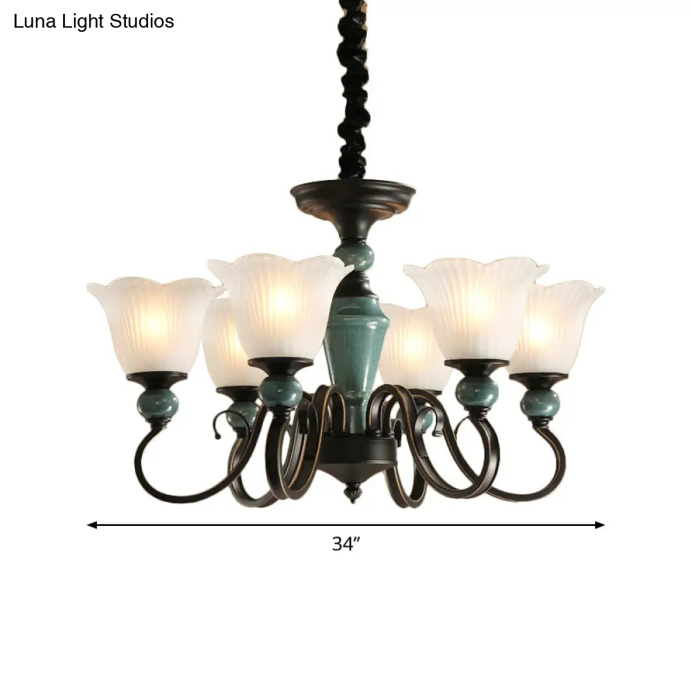 Farmhouse Blossom Up Chandelier - 3/8/12 Frosted Ribbed Glass Ceiling Hang Lights In Blackish Green