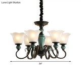 Farmhouse Blossom Up Chandelier - 3/8/12 Frosted Ribbed Glass Ceiling Hang Lights In Blackish Green
