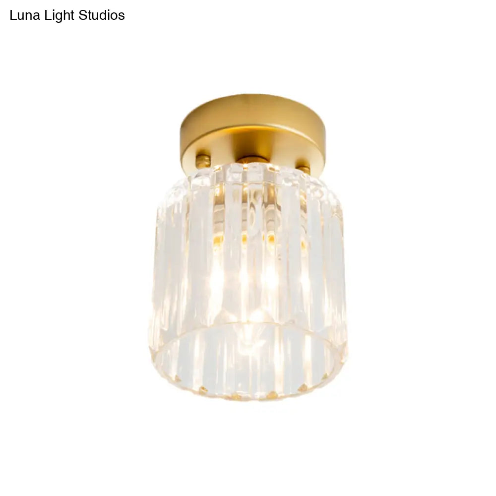 Farmhouse Brass Flush Mount Ceiling Light With Clear Ridged Glass