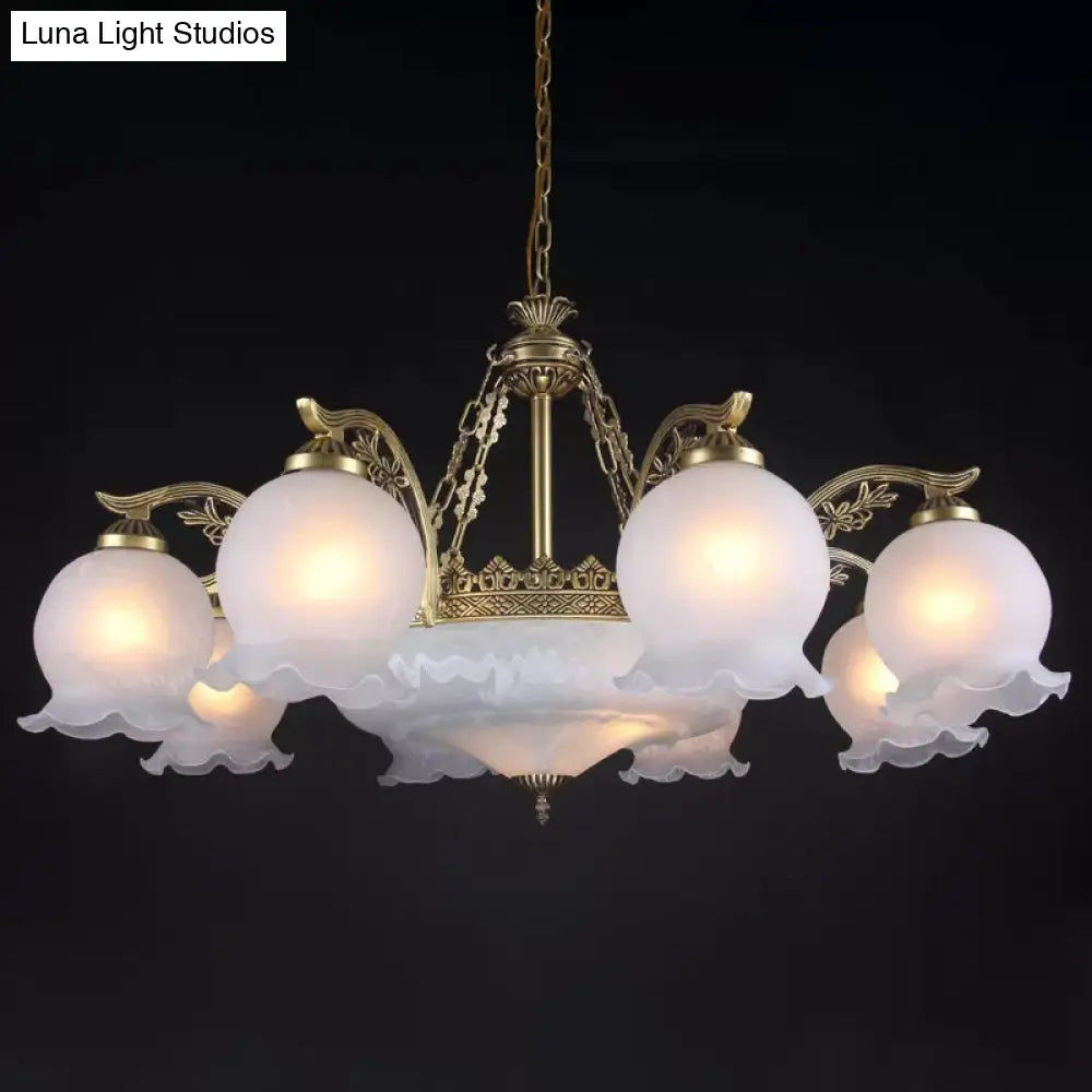 Farmhouse Bronze Chandelier With 11 Ruffled Down Bulbs And White Glass Ceiling Light