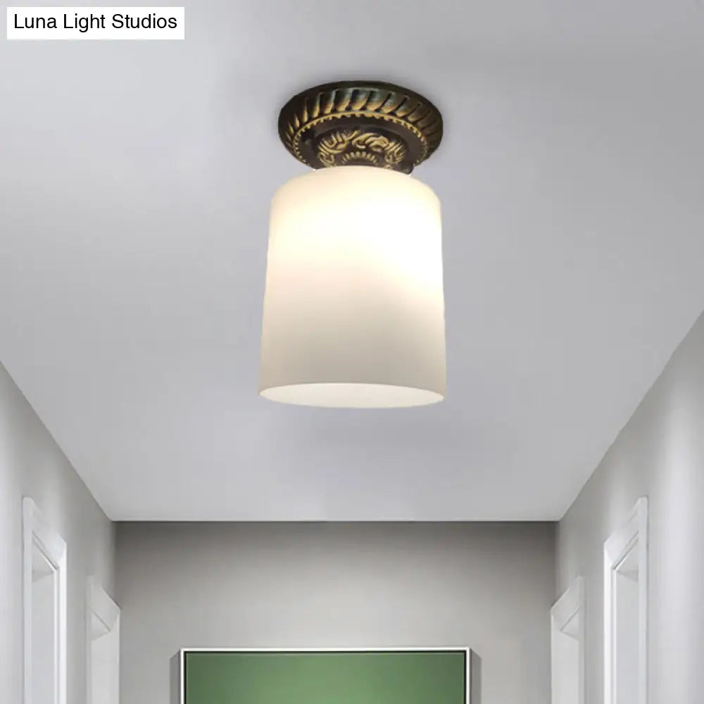 Farmhouse Bronze Flush Mount Ceiling Light With Milky Glass