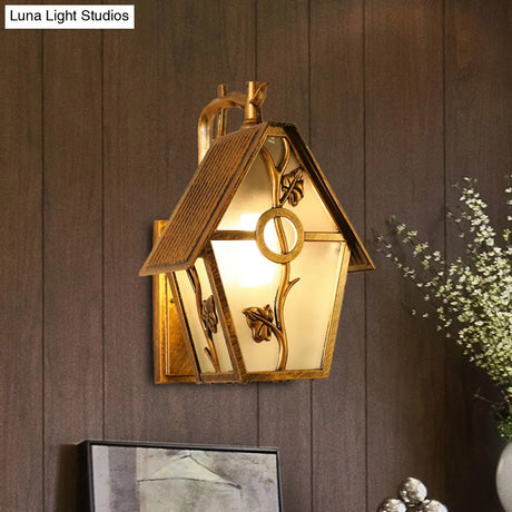 Farmhouse Bronze Wall Sconce Light: 1 Head House Shape With Clear/Frosted/Ribbed Glass