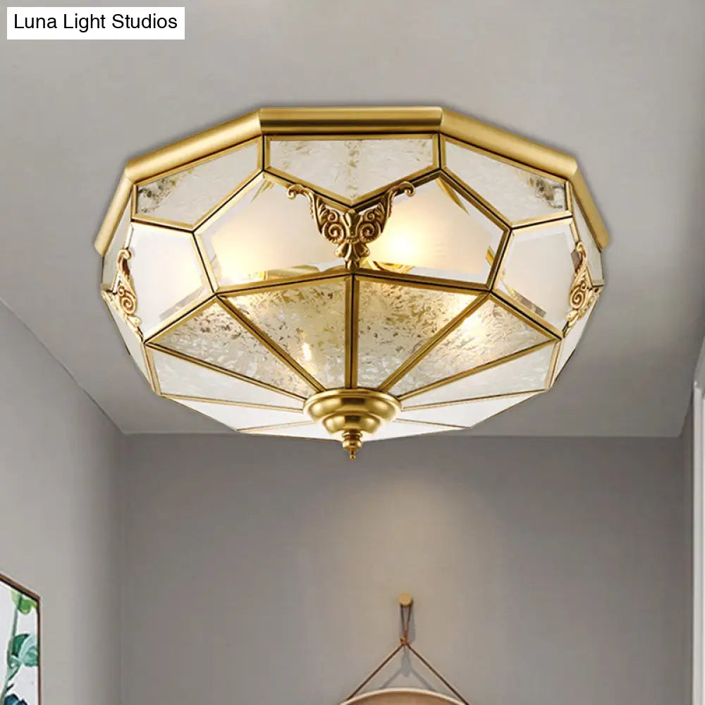 Farmhouse Ceiling Mounted Flush Light Fixture Cream Glass Brass Domed 3/4 Bulbs 14’/18’ Wide