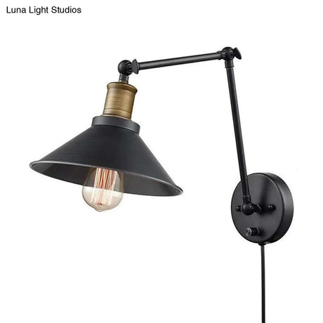 Farmhouse Cone Metal Wall Light - Swing Arm Mounted Lamp (1 Head) Black With/Without Plug