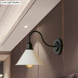 Farmhouse Cone Wall Sconce Lamp - Gooseneck Arm Black/White Metal 1 Light
