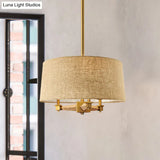 Farmhouse Fabric Drum Chandelier 3 Bulb Ceiling Suspension Light
