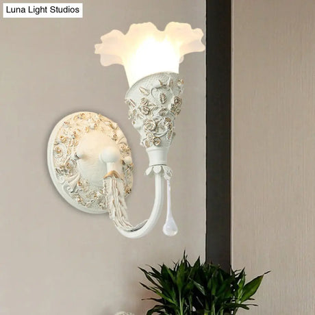 Farmhouse Frosted Glass Bedroom Sconce Light With Crystal Drop Decor