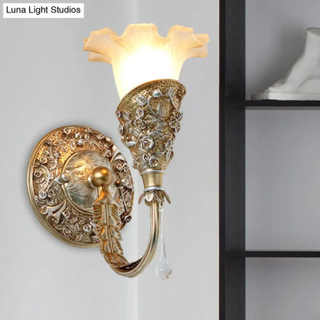 Farmhouse Frosted Glass Bedroom Sconce Light With Crystal Drop Decor