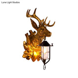 Farmhouse Gold Resin Deer Head Sconce Light: 1-Light Wall Mount Lamp For Doors