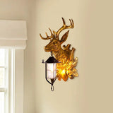 Farmhouse Gold Resin Deer Head Sconce Light: 1-Light Wall Mount Lamp For Doors
