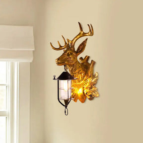 Farmhouse Gold Resin Deer Head Sconce Light: 1-Light Wall Mount Lamp For Doors
