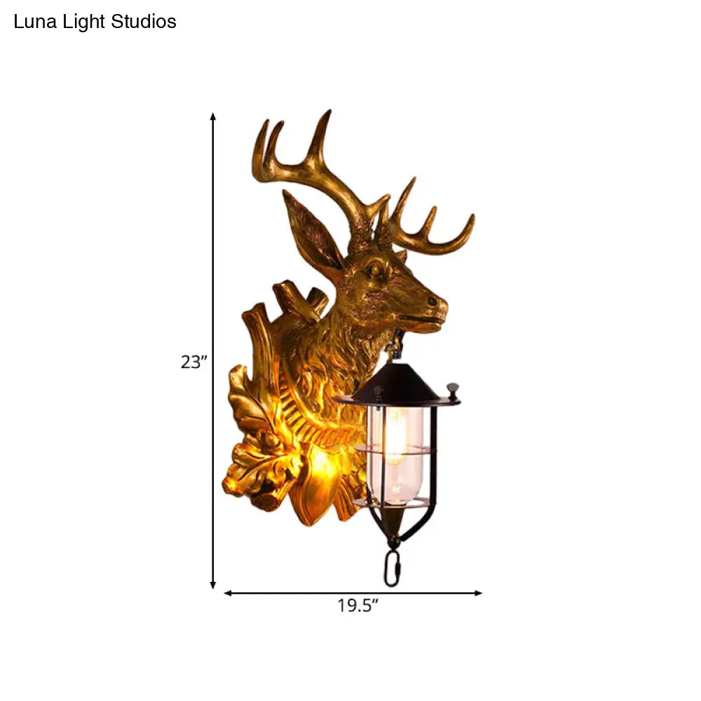 Farmhouse Gold Resin Deer Head Sconce Light: 1-Light Wall Mount Lamp For Doors
