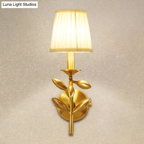 Farmhouse Gold Wheat Branch Wall Light With Gathered Fabric Shade - Single Bedroom Mount Fixture