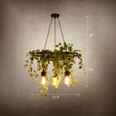 Farmhouse Green Metal Wagon Wheel Chandelier With 3 Hanging Lights And Artificial Ivy Deco / Round