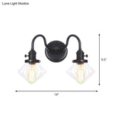 Farmhouse Iron 2-Head Wall Lighting In Black With Curved/Straight Arm Clear Glass Cone/Ball Shades -