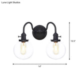 Farmhouse Iron 2-Head Wall Lighting In Black With Curved/Straight Arm Clear Glass Cone/Ball Shades -