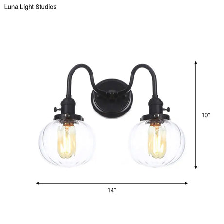 Farmhouse Iron 2-Head Wall Lighting In Black With Curved/Straight Arm Clear Glass Cone/Ball Shades -
