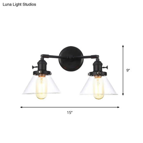 Farmhouse Iron 2-Head Wall Lighting In Black With Curved/Straight Arm Clear Glass Cone/Ball Shades -