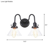 Farmhouse Iron 2-Head Wall Lighting In Black With Curved/Straight Arm Clear Glass Cone/Ball Shades -