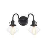 Farmhouse Iron 2-Head Wall Lighting In Black With Curved/Straight Arm Clear Glass Cone/Ball Shades -