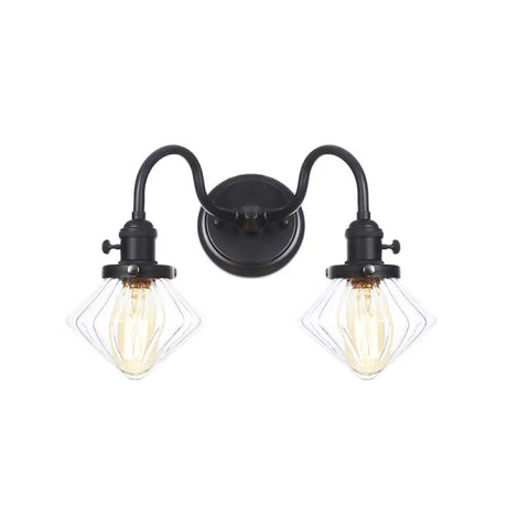 Farmhouse Iron 2-Head Wall Lighting In Black With Curved/Straight Arm Clear Glass Cone/Ball Shades -
