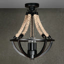 Farmhouse Iron Black Semi Flush Dome Cage Chandelier With 3-Bulb Ceiling Mount And Rope Cord