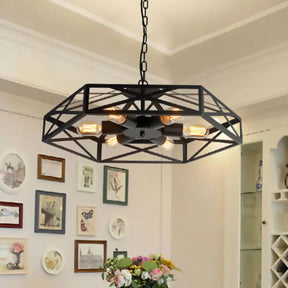 Farmhouse Iron Chandelier with Wire Cage Shade 6 Light Pendant Ceiling Light in Black Black