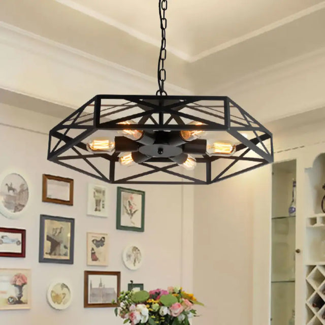 Farmhouse Iron Chandelier with Wire Cage Shade 6 Light Pendant Ceiling Light in Black Black