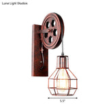 Farmhouse Iron Pulley Wall Light In Rust Red - 1-Light Ball Cage Fixture