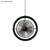 Farmhouse Kitchen Hanging Lamp With Brass/Black Finish - Circle Cage Metal Fixture 3 Lights & Fan