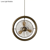 Farmhouse Kitchen Hanging Lamp With Brass/Black Finish - Circle Cage Metal Fixture 3 Lights & Fan