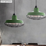 Farmhouse Metal Barn Hanging Ceiling Light - Green/Red Pendant With Wire Guard