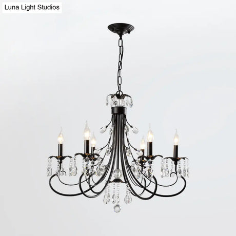 Farmhouse Metal Chandelier: Black Curved Design With Crystal Pendant Lighting And Candle-Inspired