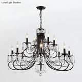 Farmhouse Metal Chandelier: Black Curved Design With Crystal Pendant Lighting And Candle-Inspired