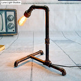 Farmhouse Rust Finish Metal Table Lamp With Curved Pipe Design - 1 Bulb Night Lighting Plug-In Cord