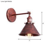 Farmhouse Rust Mesh Wall Lamp With Rotating Single-Bulb: Bowl Cone Or Horn Design - Living Room
