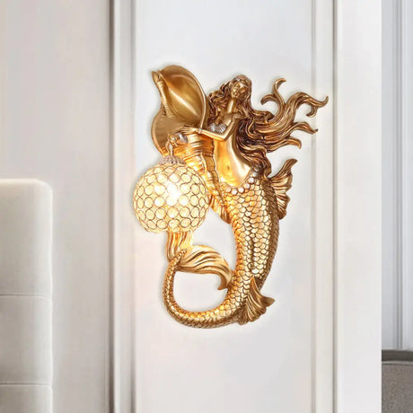 Farmhouse Sconce Light With Clear Beveled Crystal And Mermaid Design In Blue/Gold - Wall Mounted