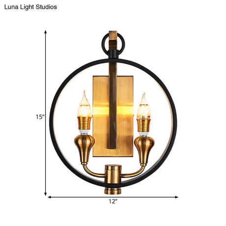 Farmhouse Style Black Metal Ring Sconce - 2 Head Wall Mounted Lamp With Bare Bulb For Corridor