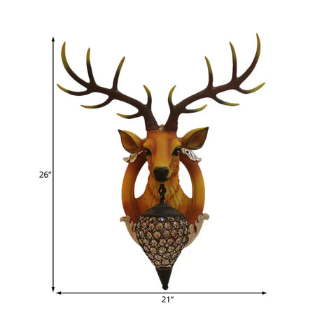 Farmhouse Style Brown Faux Deer Head Sconce Lamp - 16/21 Wide Wall Mounted With Crystal Shade