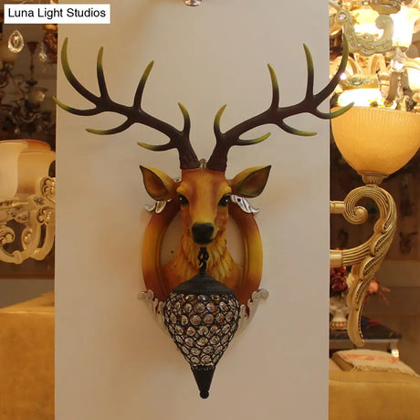 Farmhouse Style Brown Faux Deer Head Sconce Lamp - 16/21 Wide Wall Mounted With Crystal Shade