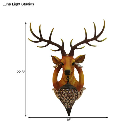 Farmhouse Style Brown Faux Deer Head Sconce Lamp - 16/21 Wide Wall Mounted With Crystal Shade