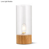 Farmhouse Style Clear Glass Nightstand Lamp - Cylinder Shape With Wood Base