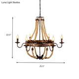Farmhouse Style Indoor Hanging Lamp | Flameless Candle Iron Chandelier With 6 Lights And Hemp Rope